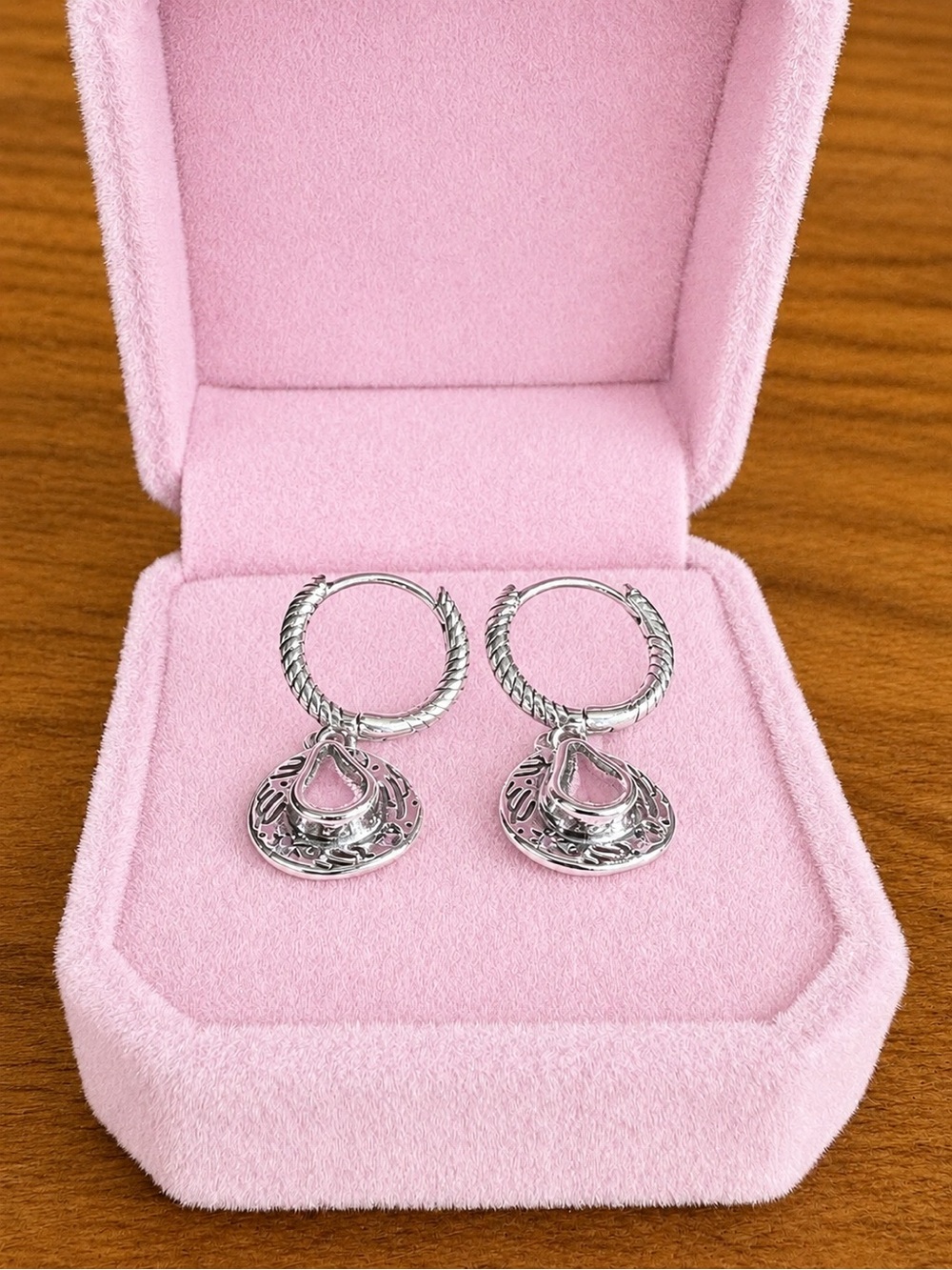 Silver Cowboy Hats Hoop Drop Earrings
